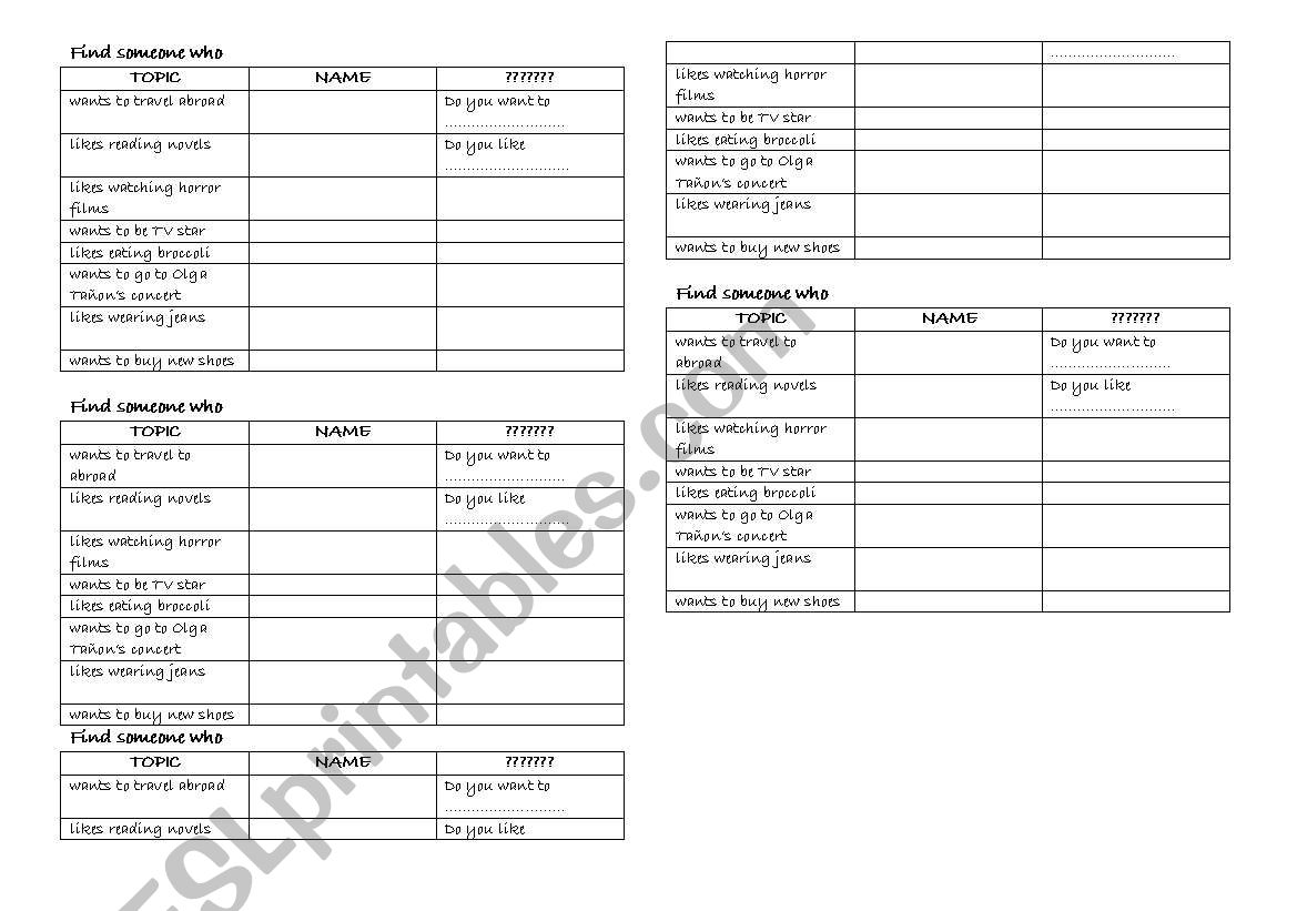 want  /  like worksheet