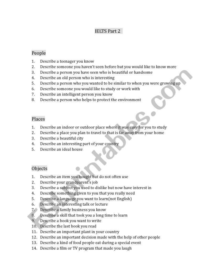 IELTS Speaking Part 2 Topics worksheet