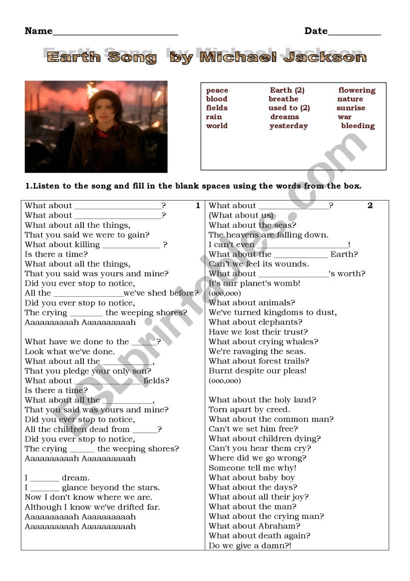 Earth song - music activity worksheet