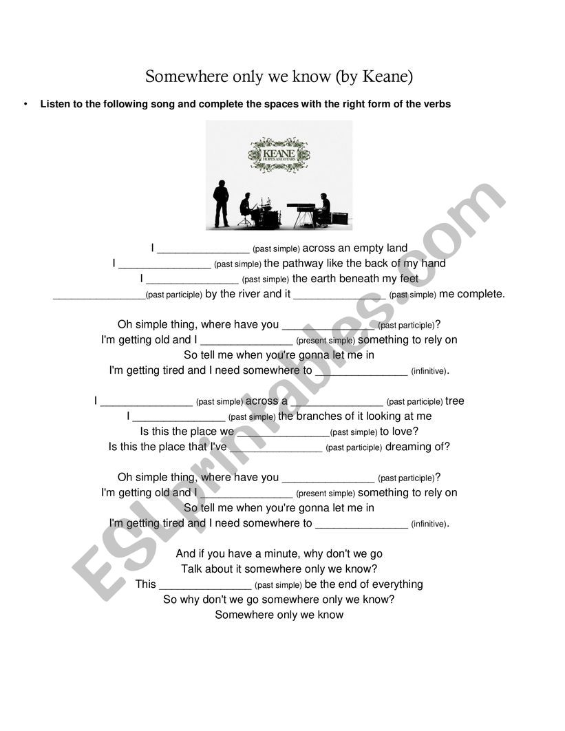 somewhere only we know kean worksheet