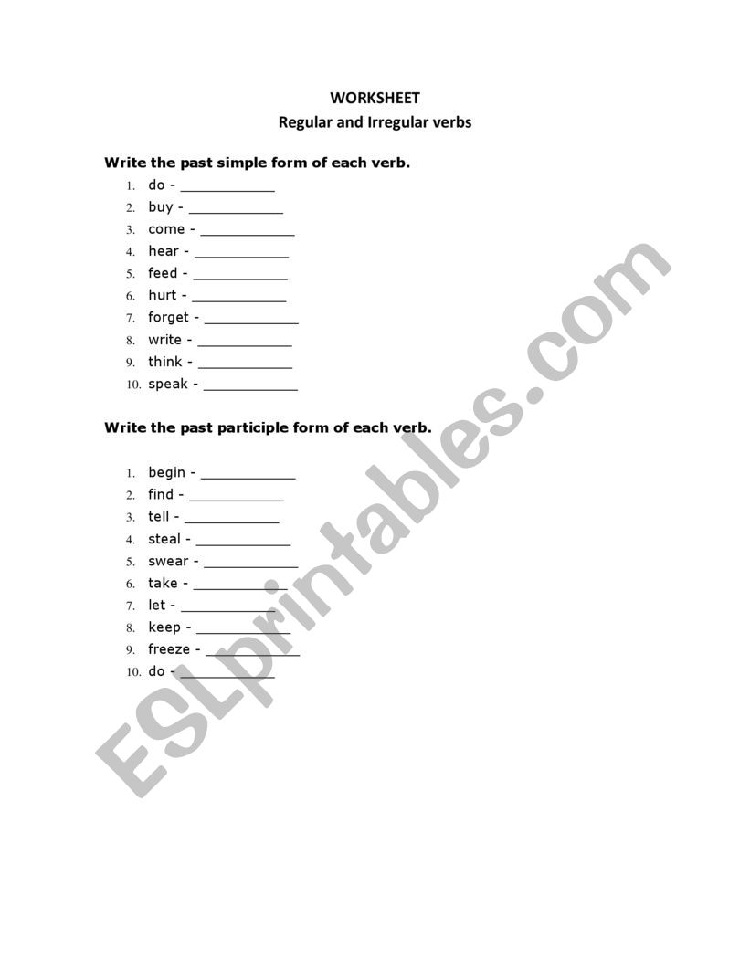 Past simple and partciple worksheet