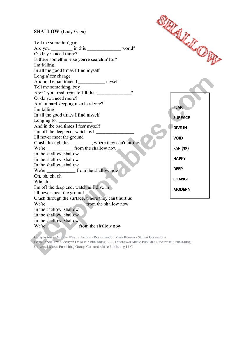 SHALLOW Song activity worksheet