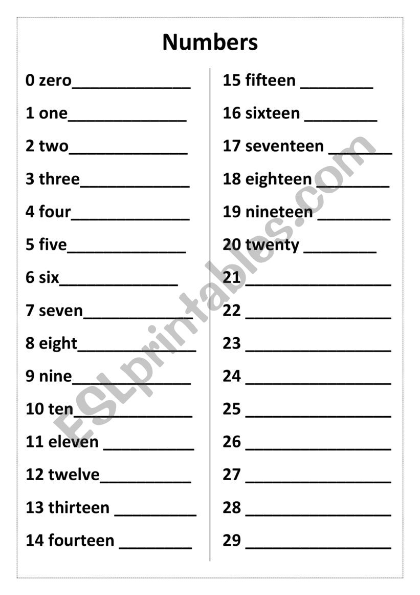 Numbers 0 to 29 worksheet