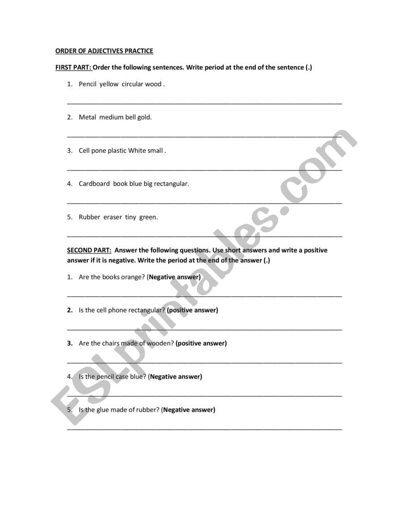 ADJECTIVES ORDER worksheet