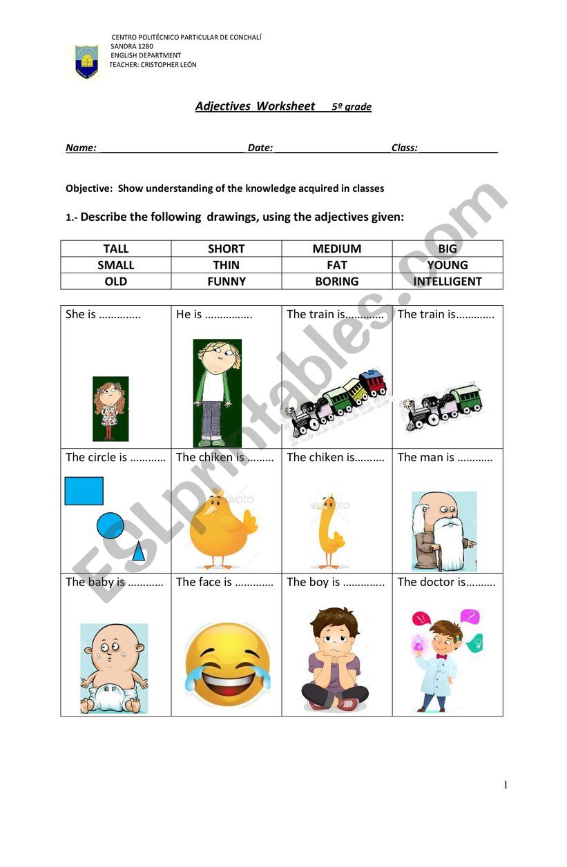 Adjectives test worksheet