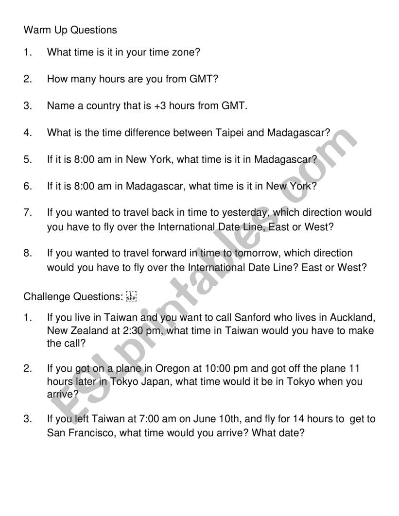 Time Zones Practice worksheet