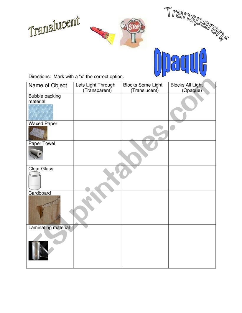 light  worksheet
