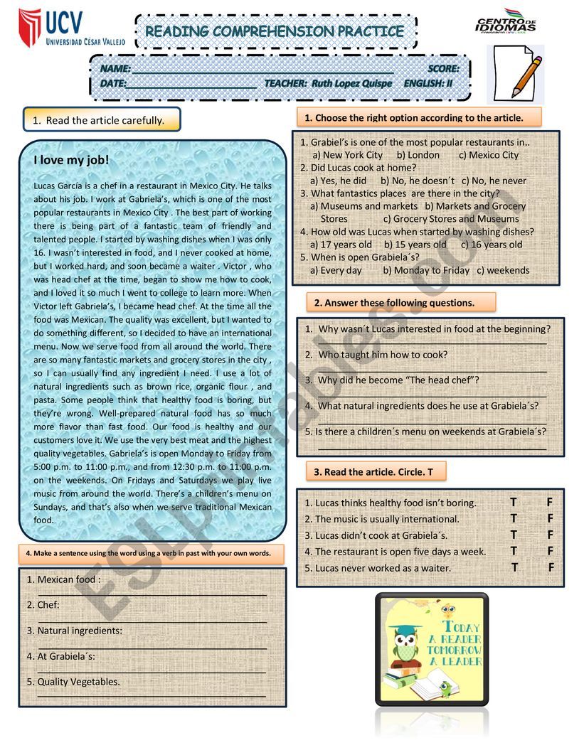Reading comprehension Quiz worksheet