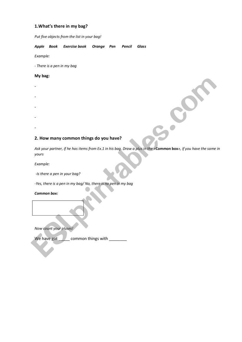 In my bag  worksheet