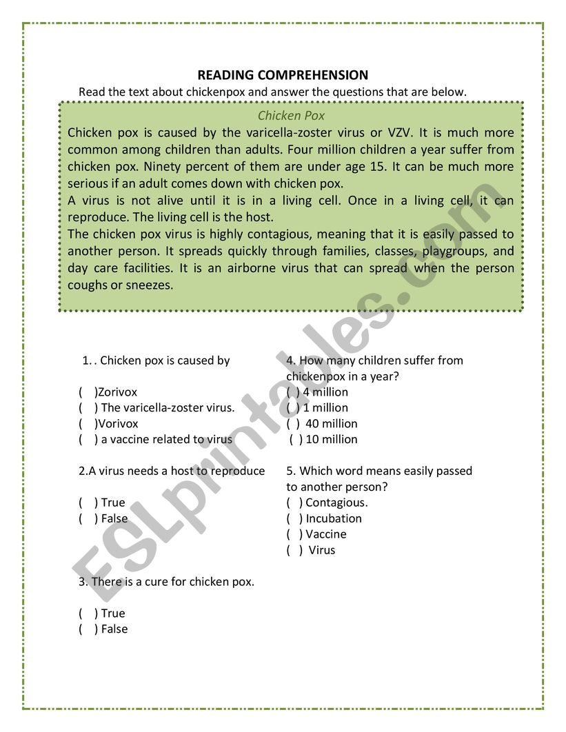 Chicken pox reading  worksheet