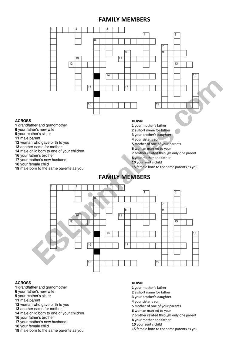Family members crossword worksheet