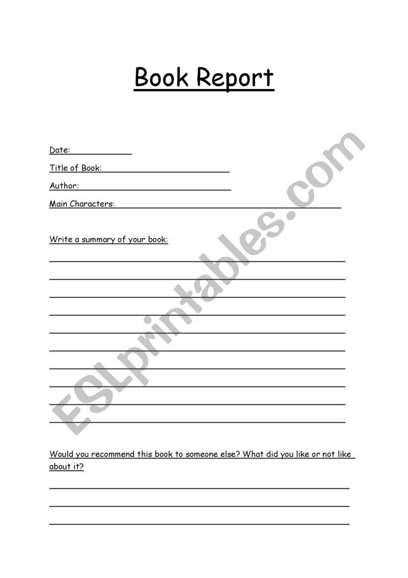 bookreport templete worksheet