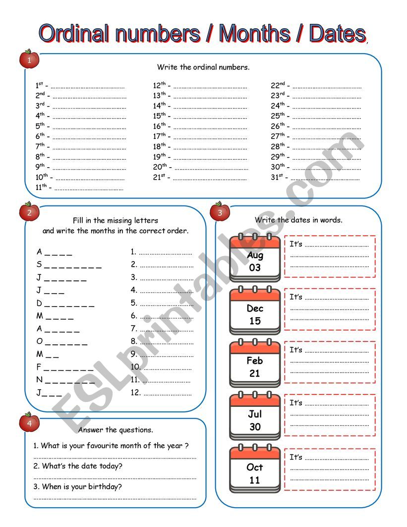 Ordinal numbers + months + dates