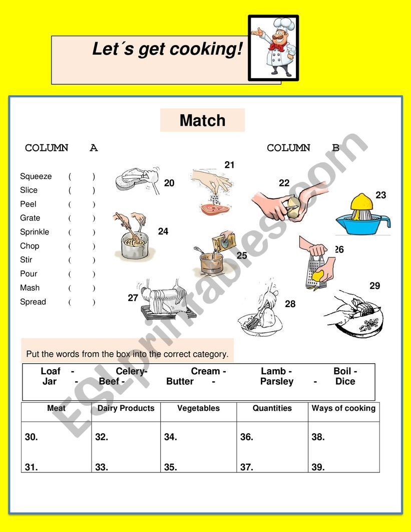 cooking  worksheet