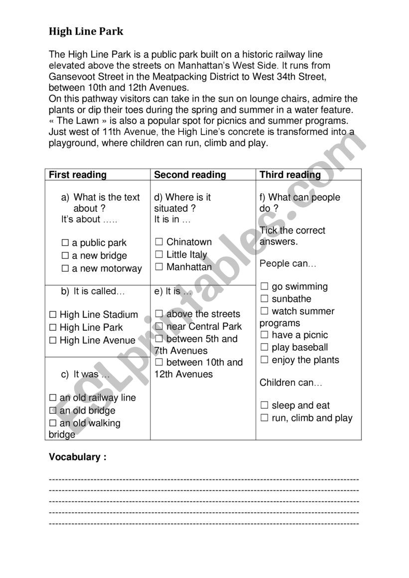 High Line Park elementary worksheet