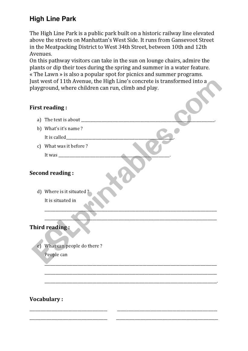 High Line Park intermediate  worksheet