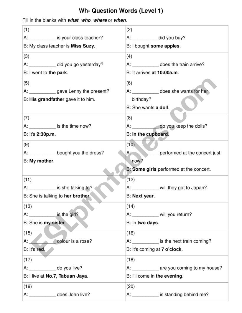 Wh- Question Words (Level 1) worksheet