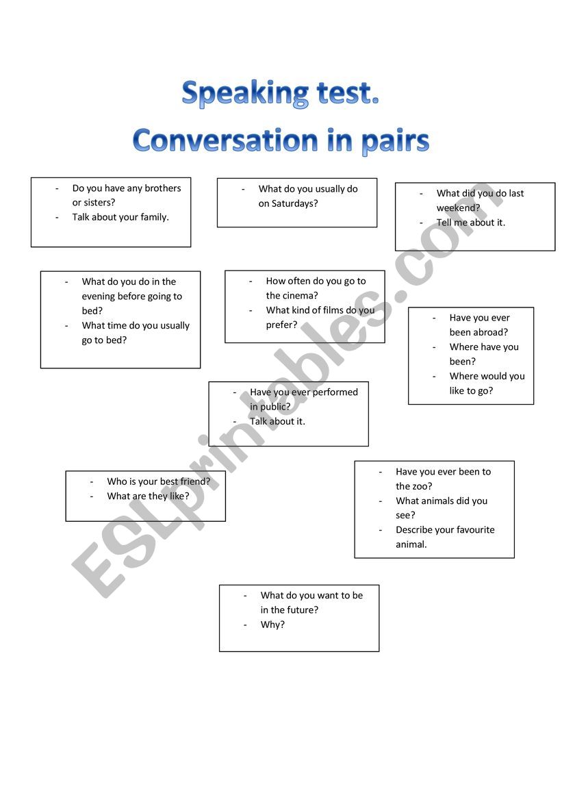 Speaking test in pairs.  worksheet