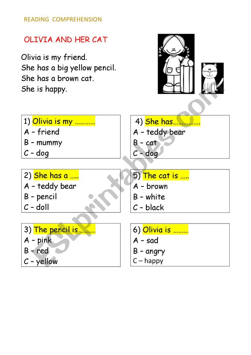  Olivia and her Cat worksheet
