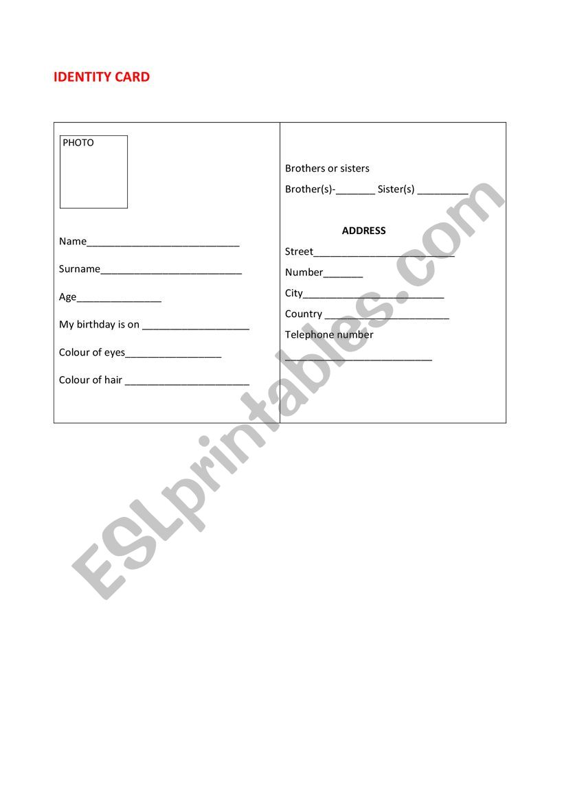 Identity card worksheet