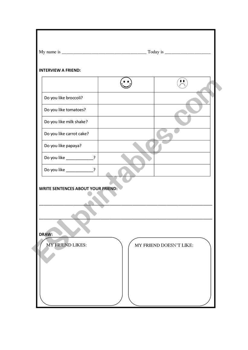 food interview worksheet