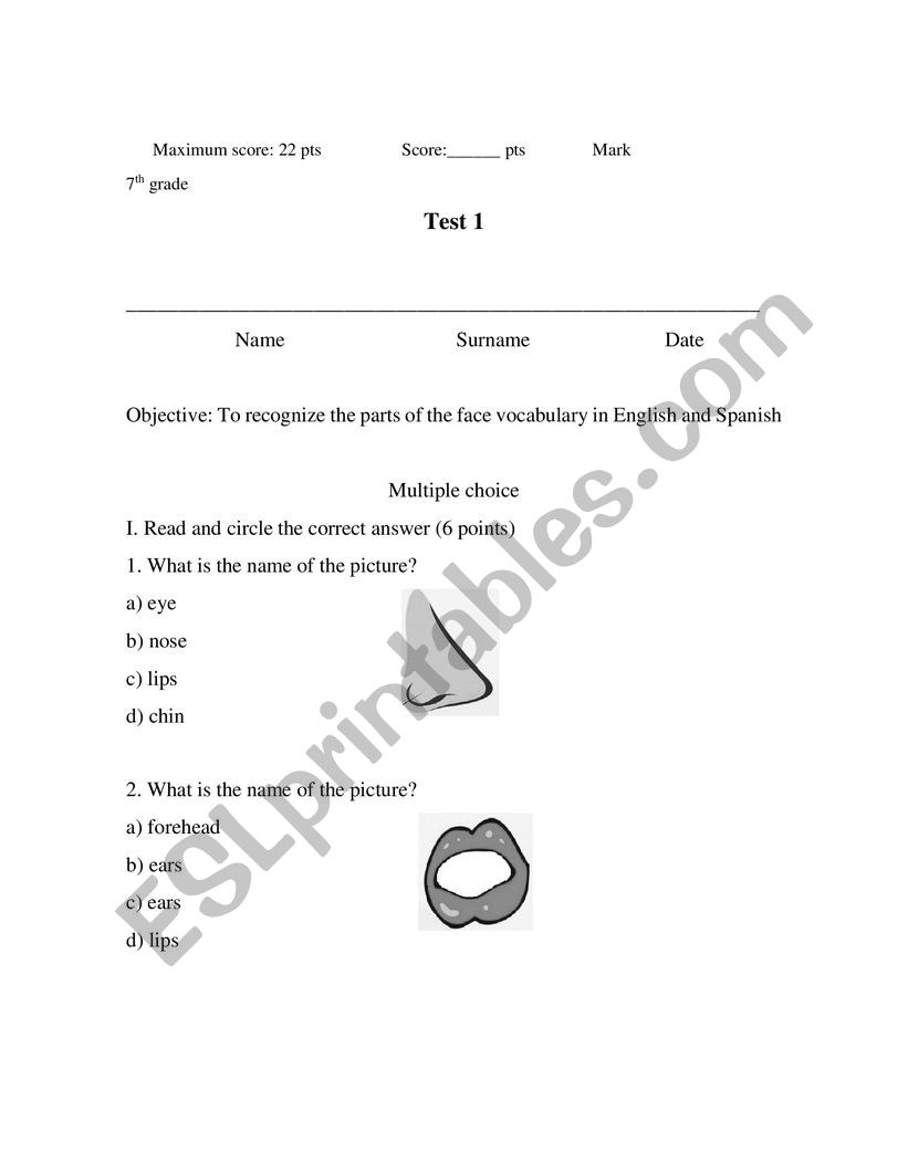 Parts of the face  worksheet