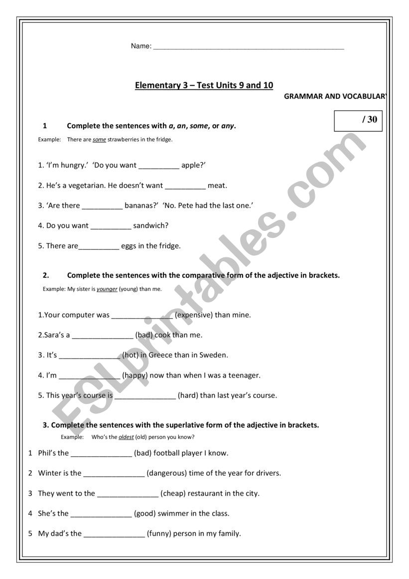 Elementary English File test Units 9 and 10 