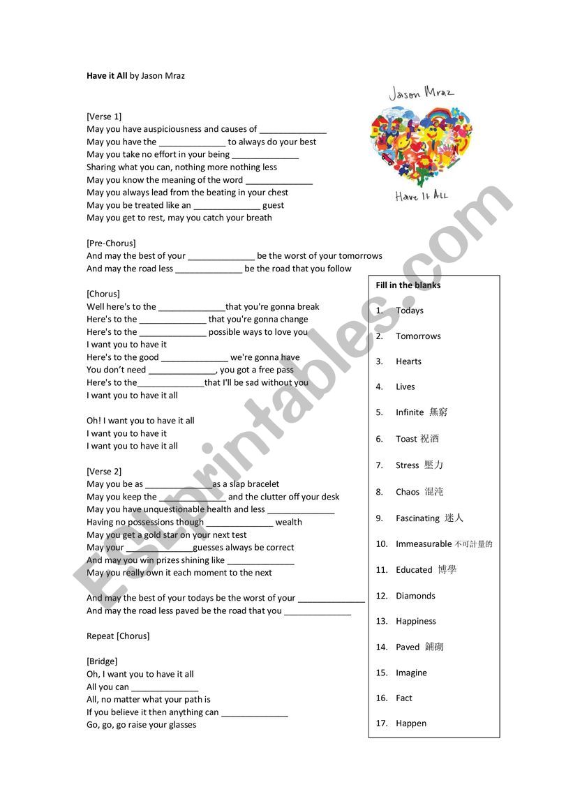 Have it All by Jason Mraz  worksheet