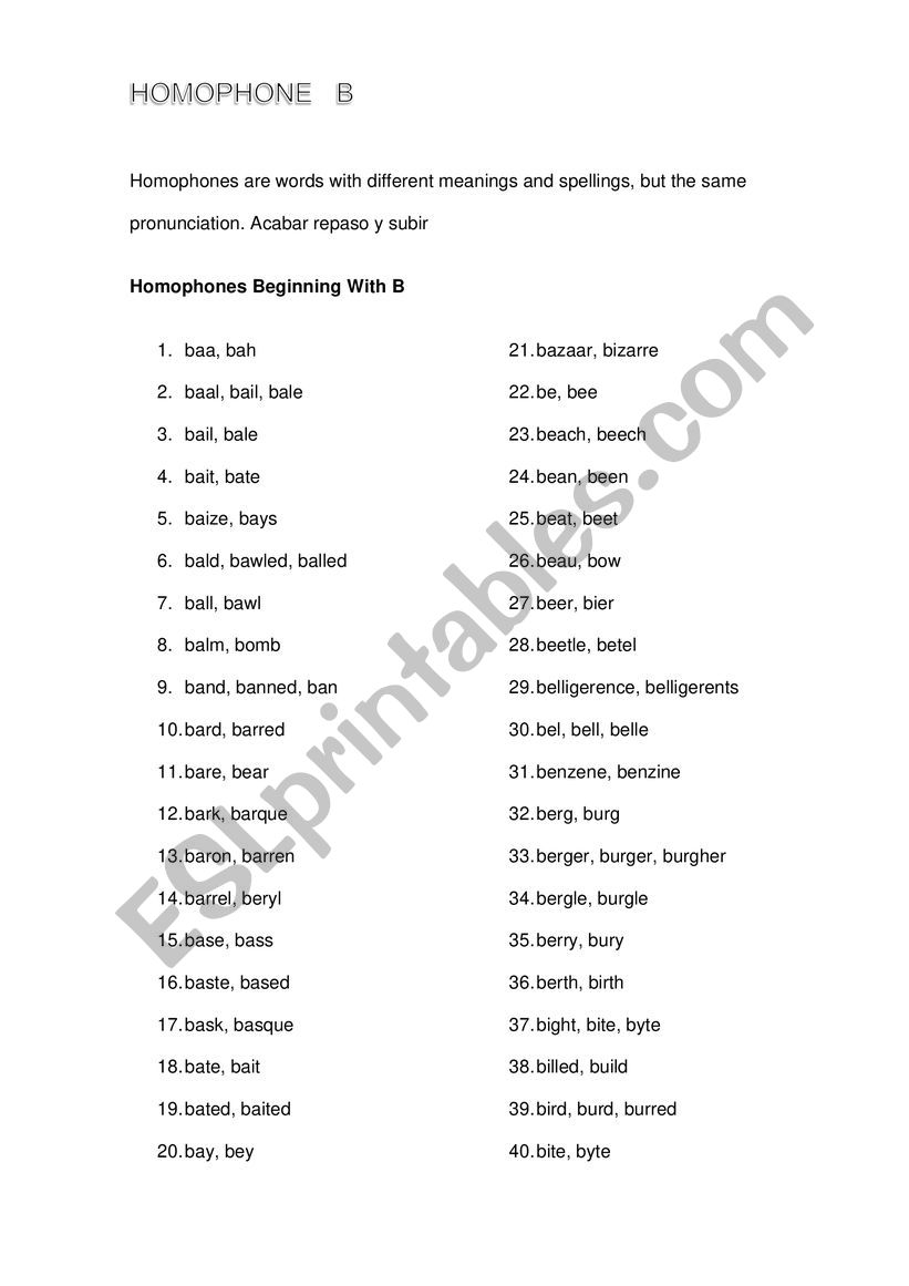 Homophones with B worksheet