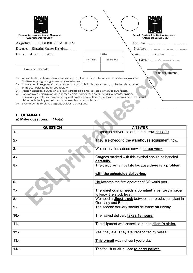 Midterm Maritime English exam worksheet