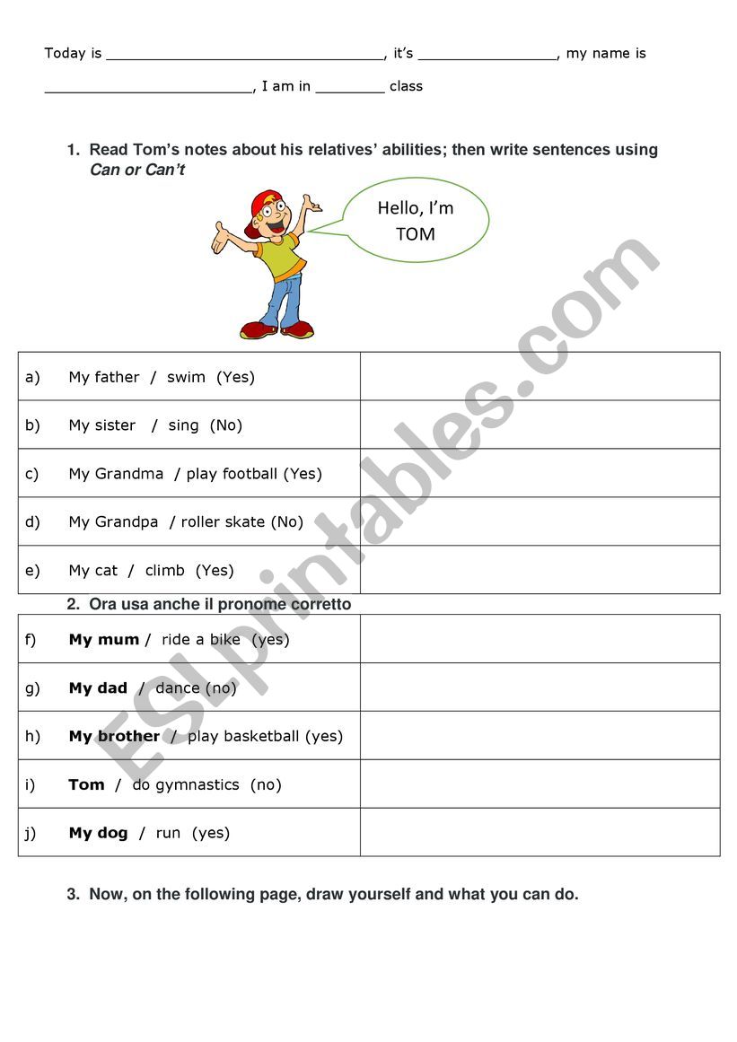 Worksheet on Can and personal pronouns