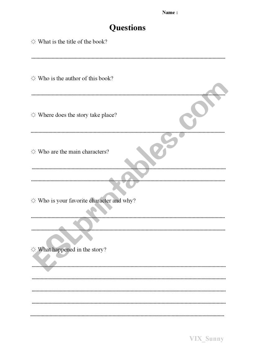 book report questions worksheet