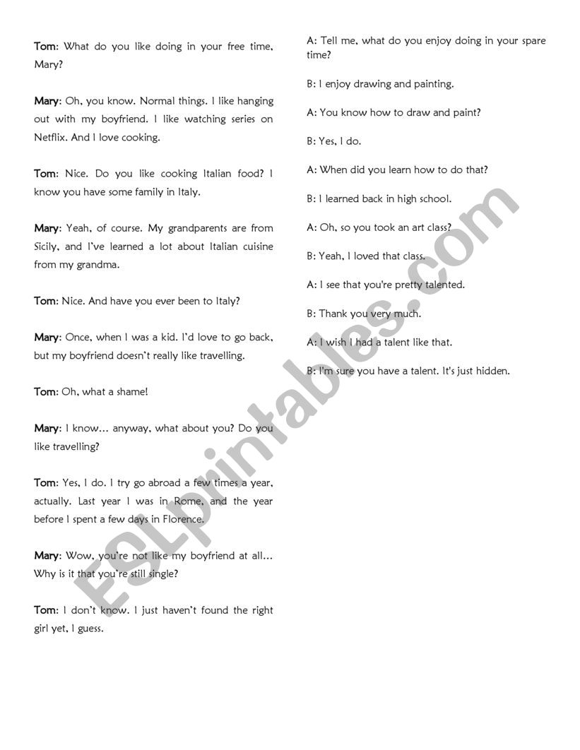 Dialogues Free time worksheet