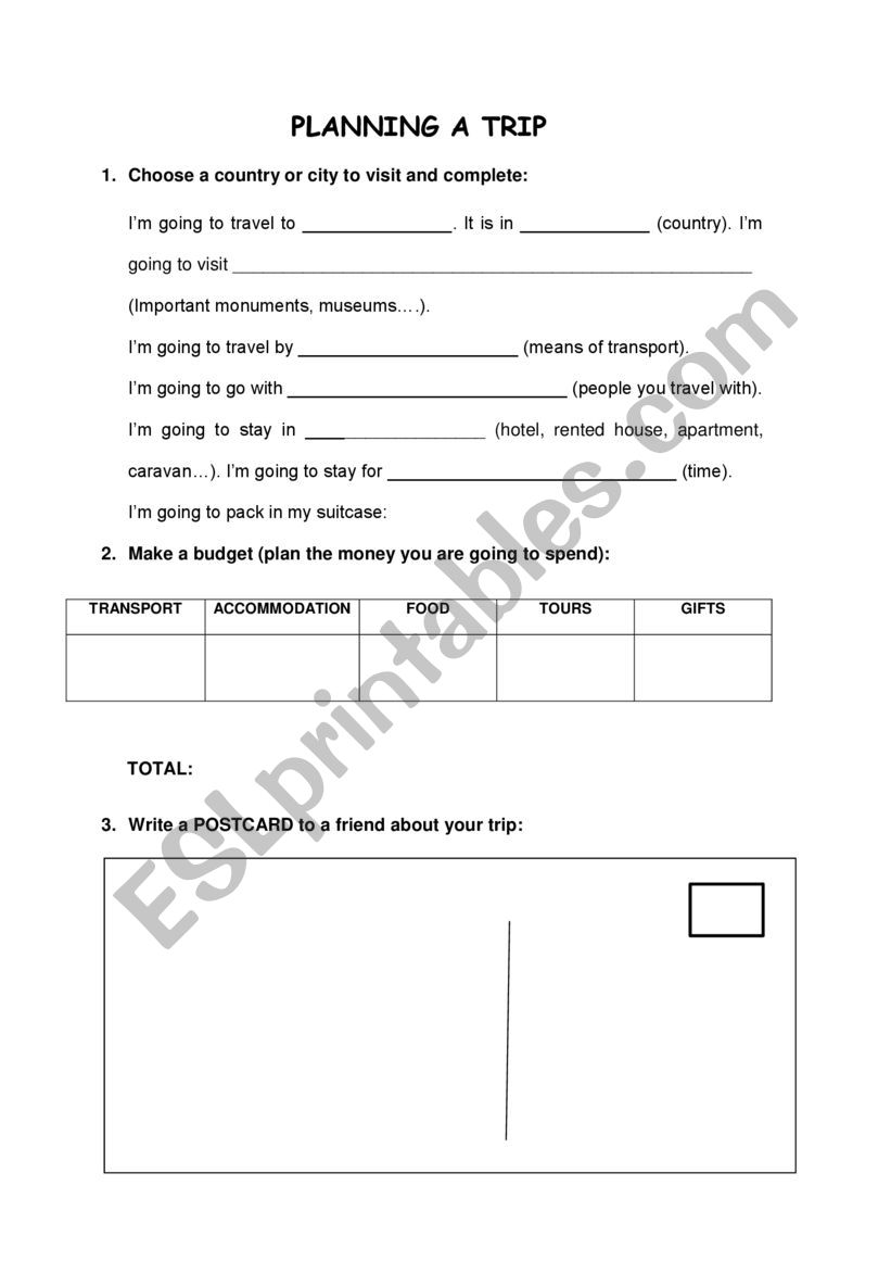 Planning a trip worksheet
