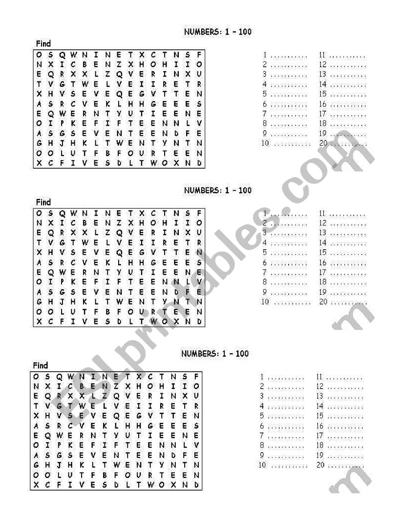 THE NUMBERS worksheet