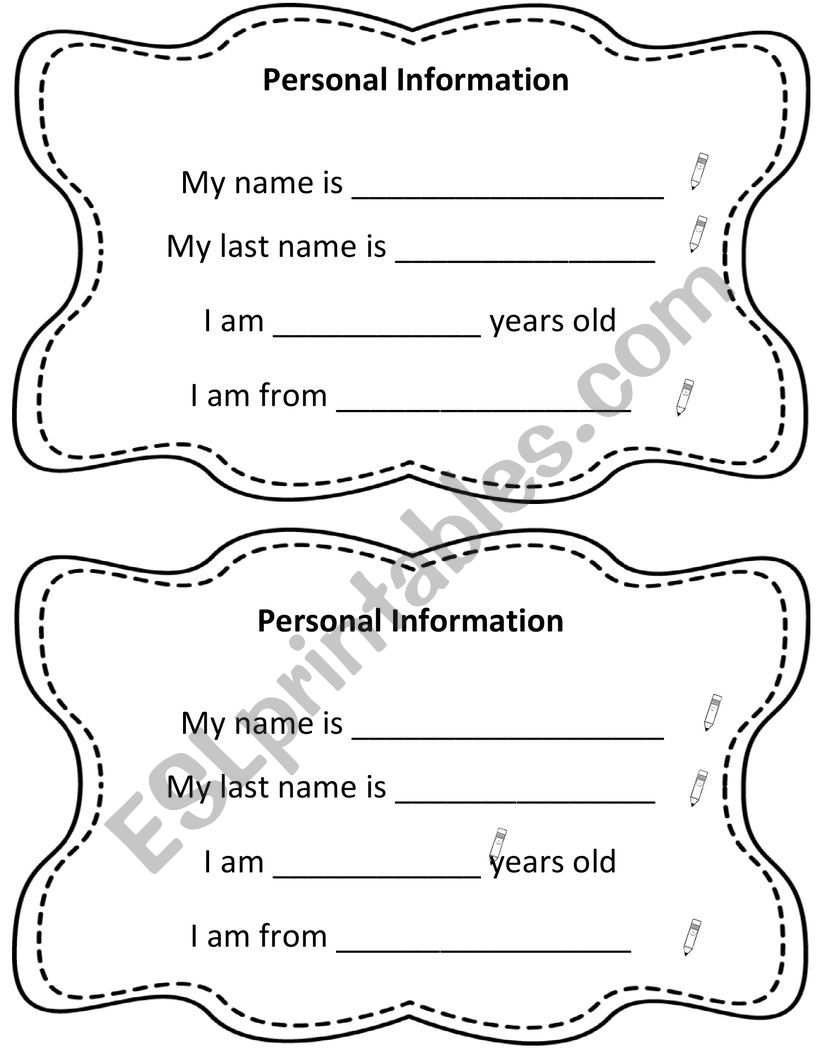 Personal Information worksheet