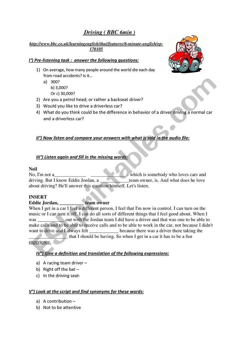 Driving BB6 min listening worksheet