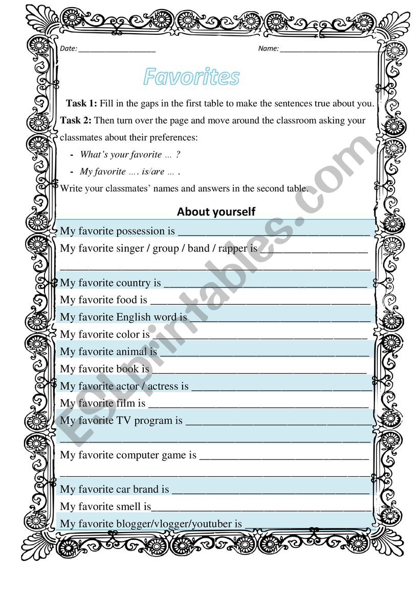 Favourites (quiz) worksheet