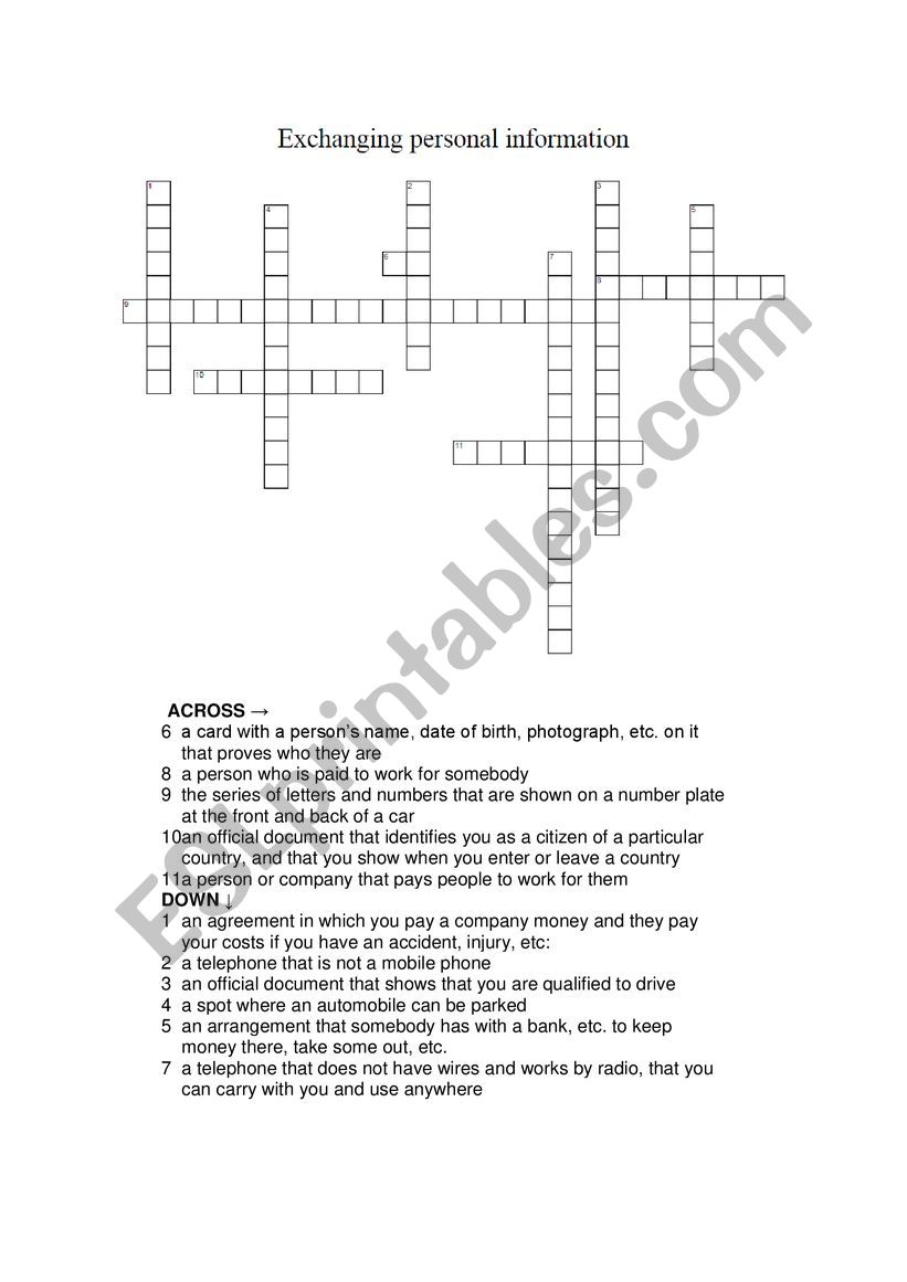 Crossword on Vocabulary referring to Exchanging Personal Information