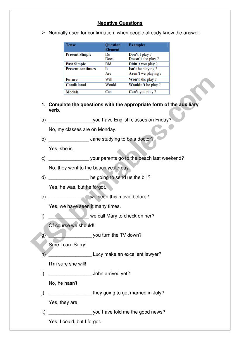 Negative Questions worksheet