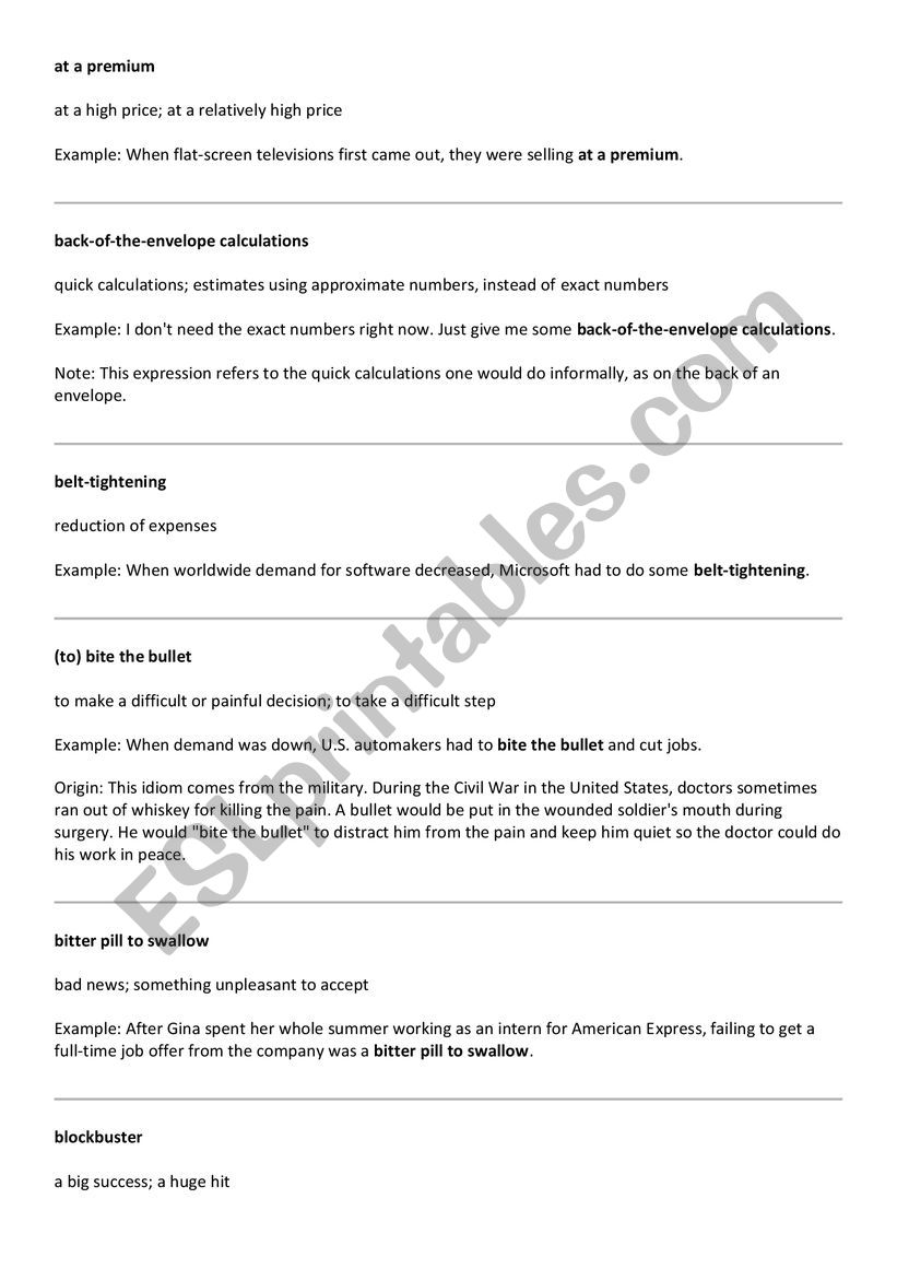 business idiom exprssion worksheet