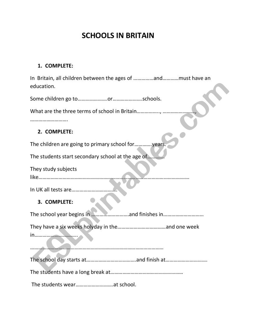 SCHOOLS IN BRITAIN worksheet