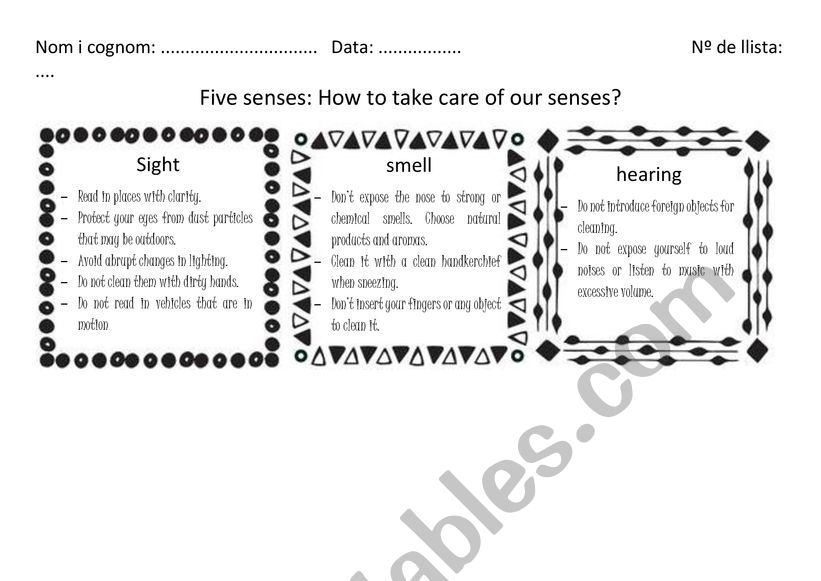 Care of five senses worksheet