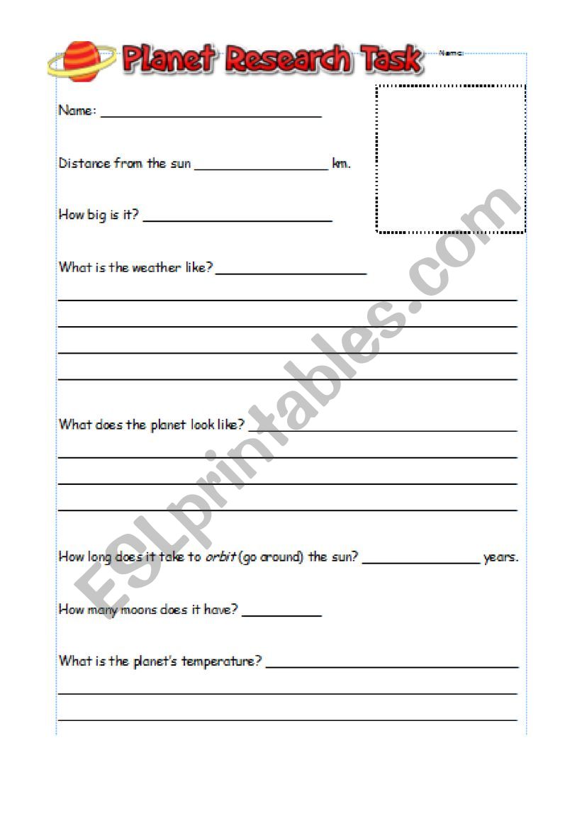 Planet Research Task worksheet