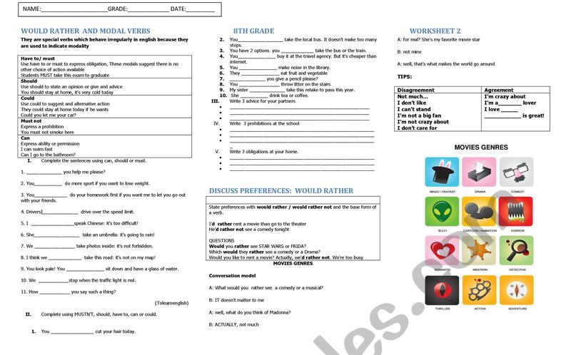 MODAL VERBS AND WOULD RATHER worksheet