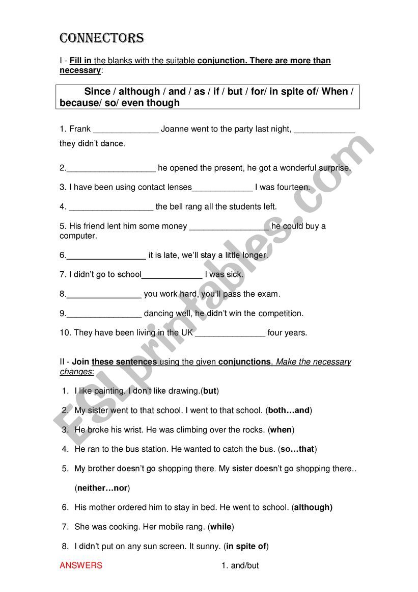 Connectors worksheet