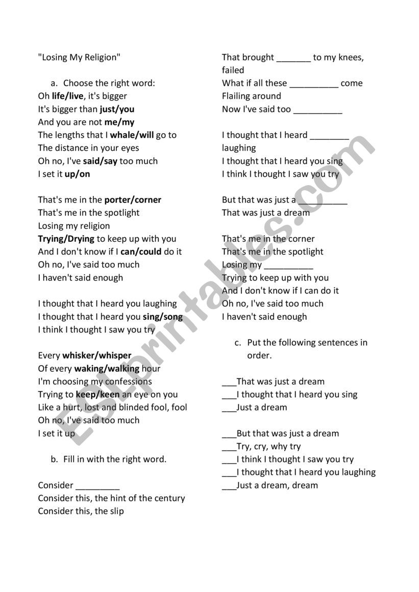 Listening activity song: Losing my religion