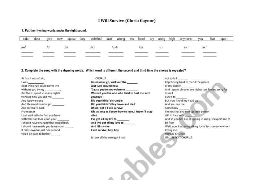 I Will Survive  worksheet