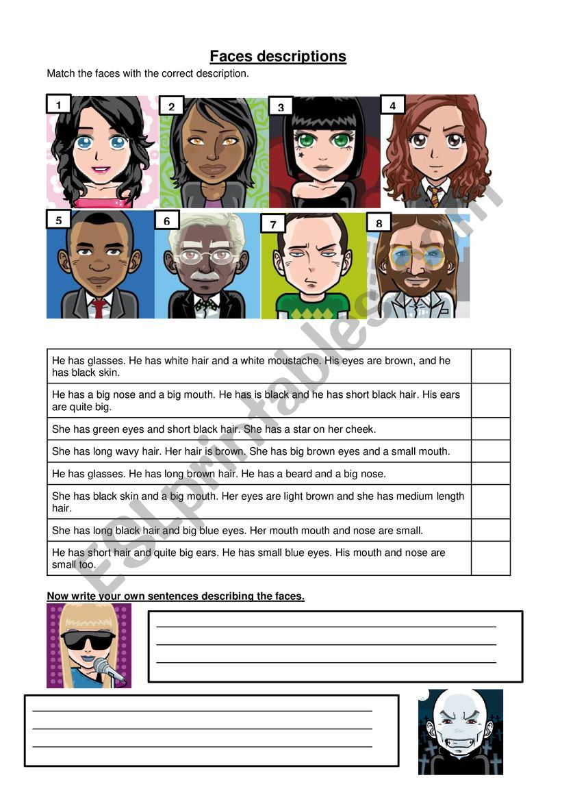 Describing faces  worksheet