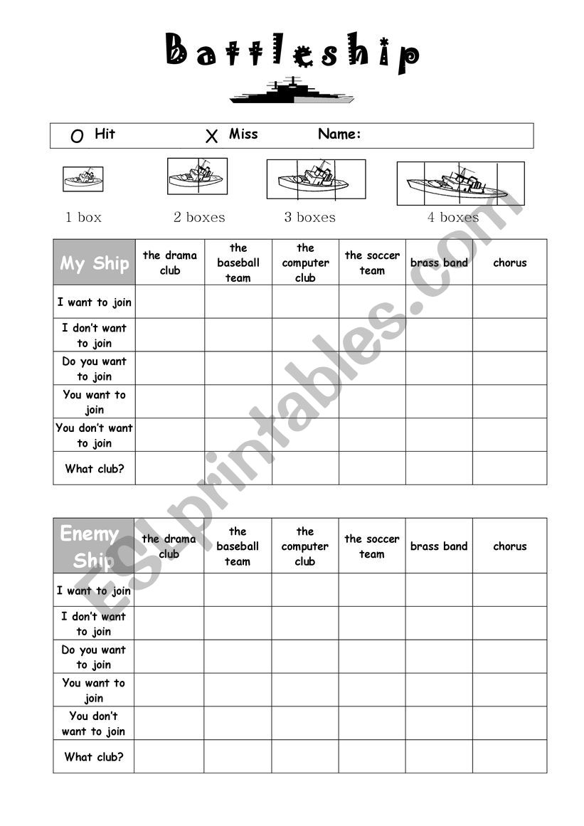 Battleships worksheet